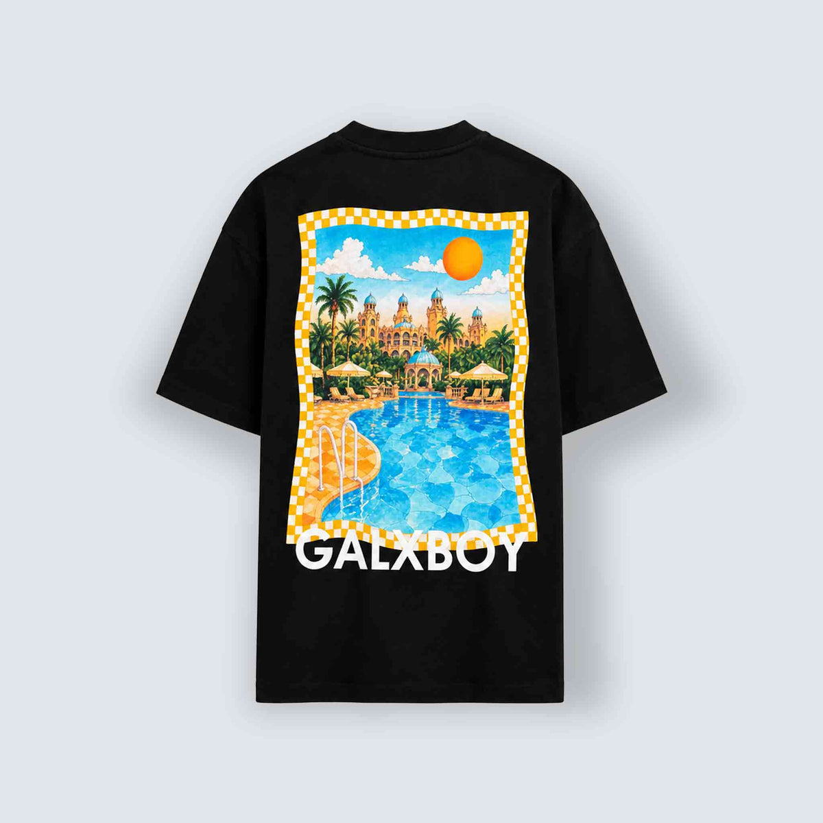 GALXBOY Cabana T-Shirt in black, back view, large pool and palace illustration in a checked frame