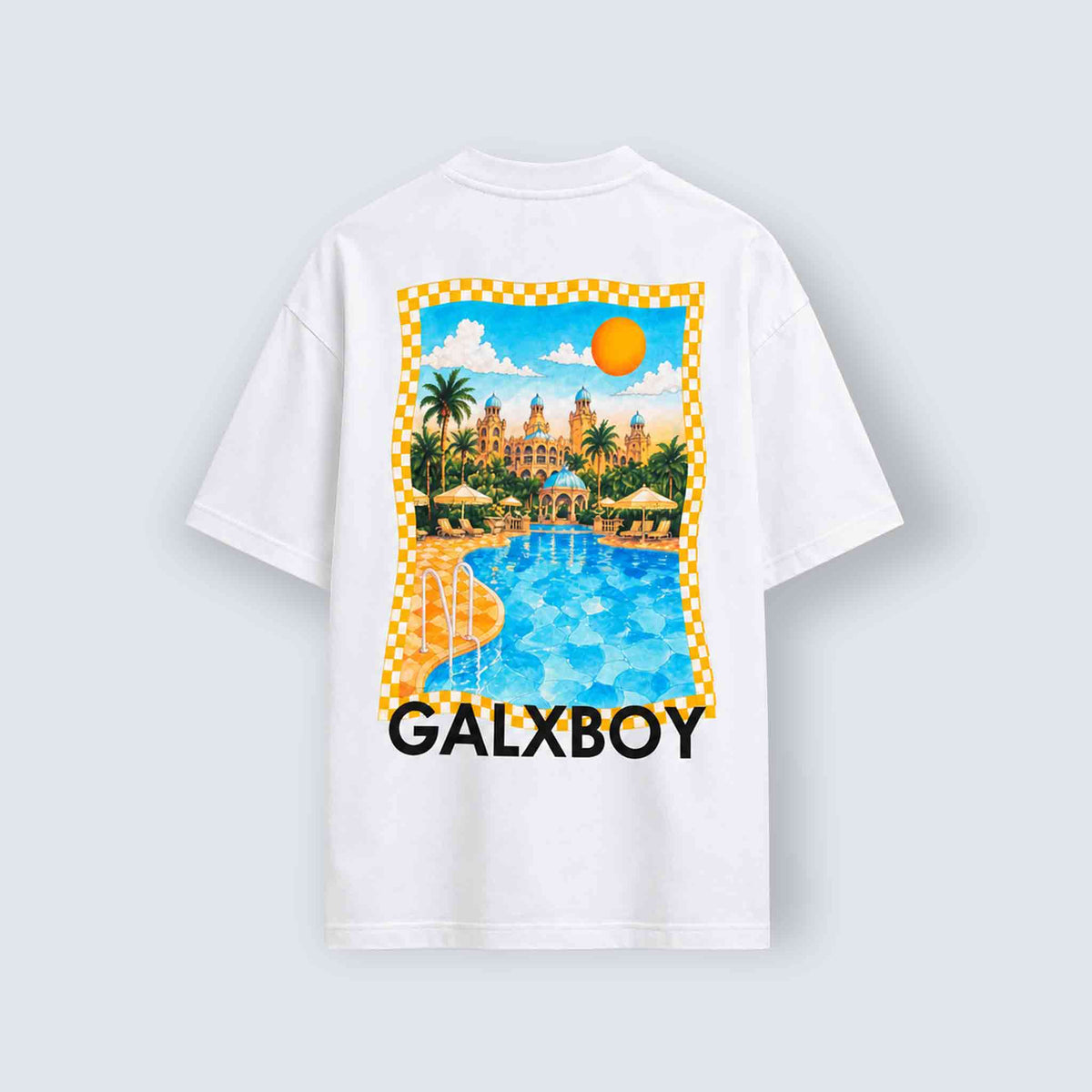 GALXBOY Cabana T-Shirt in white, back view, large pool and palace illustration in a checked frame